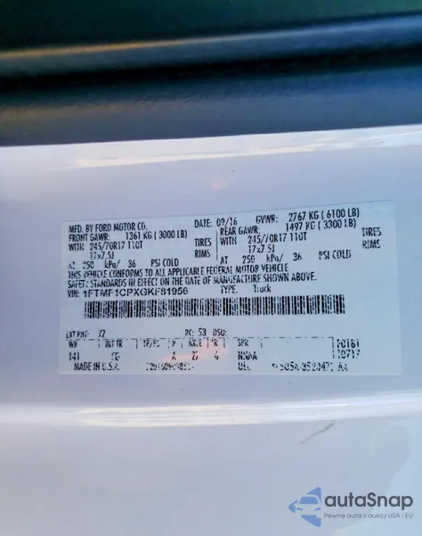 2016 Ford F150 из США, поврежденный, VIN 1FTMF1CPXGKF81956